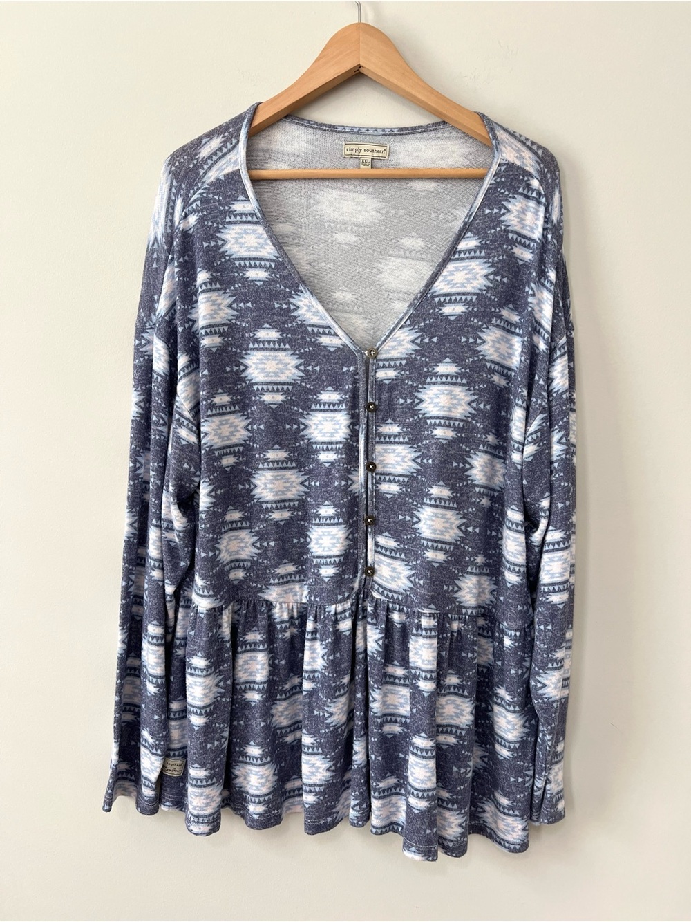 Simply Southern Blue Aztec Geometric Peplum Long Sleeve Babydoll Knit Top Sz 2XL